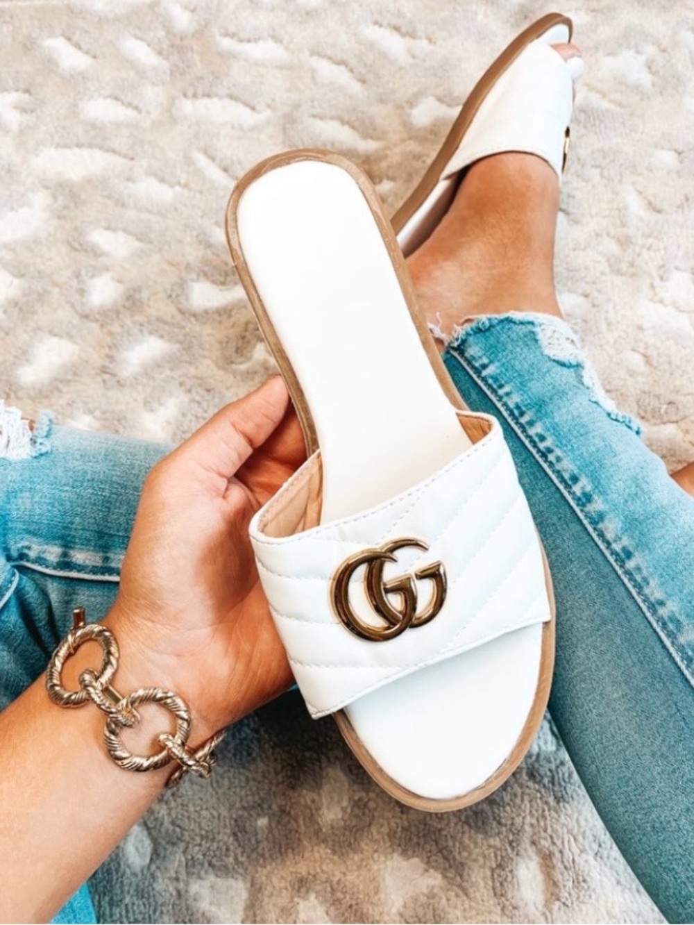 White Quilted Slide Sandals with Gold Hardware